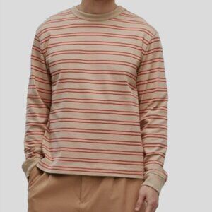 Mode of One Mens Long Sleeve Relaxed Stripe T Shirt Cinnamon Brulee SMALL